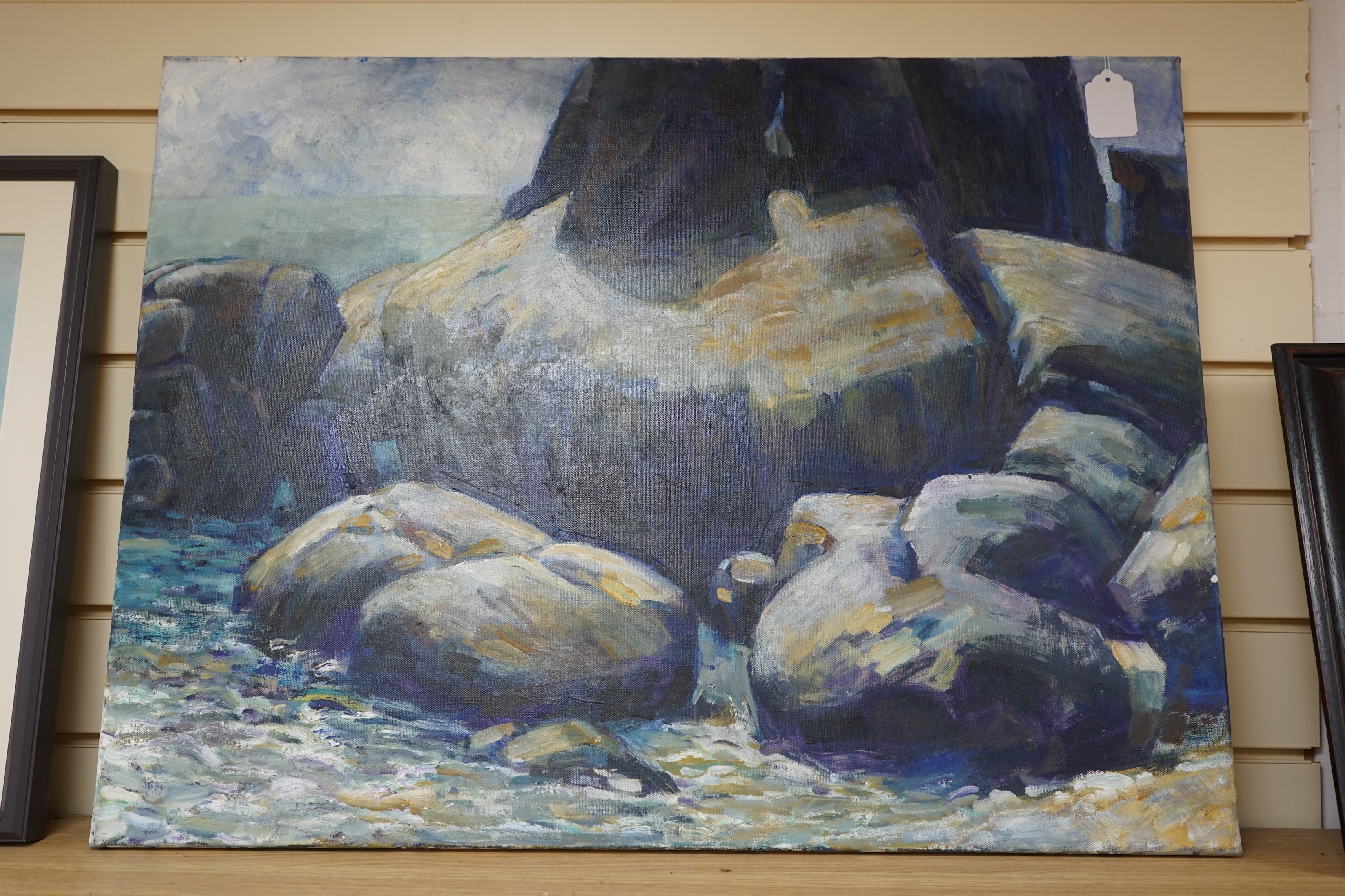 John Speirs, oil on canvas, Rocky coastal view, signed and dated ‘09 verso, 60 x 80cm, unframed. Condition - good
